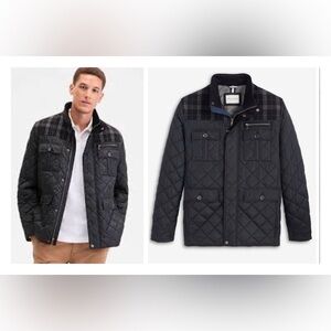 Cole Haan Black Quilted Field Jacket with Plaid Yoke